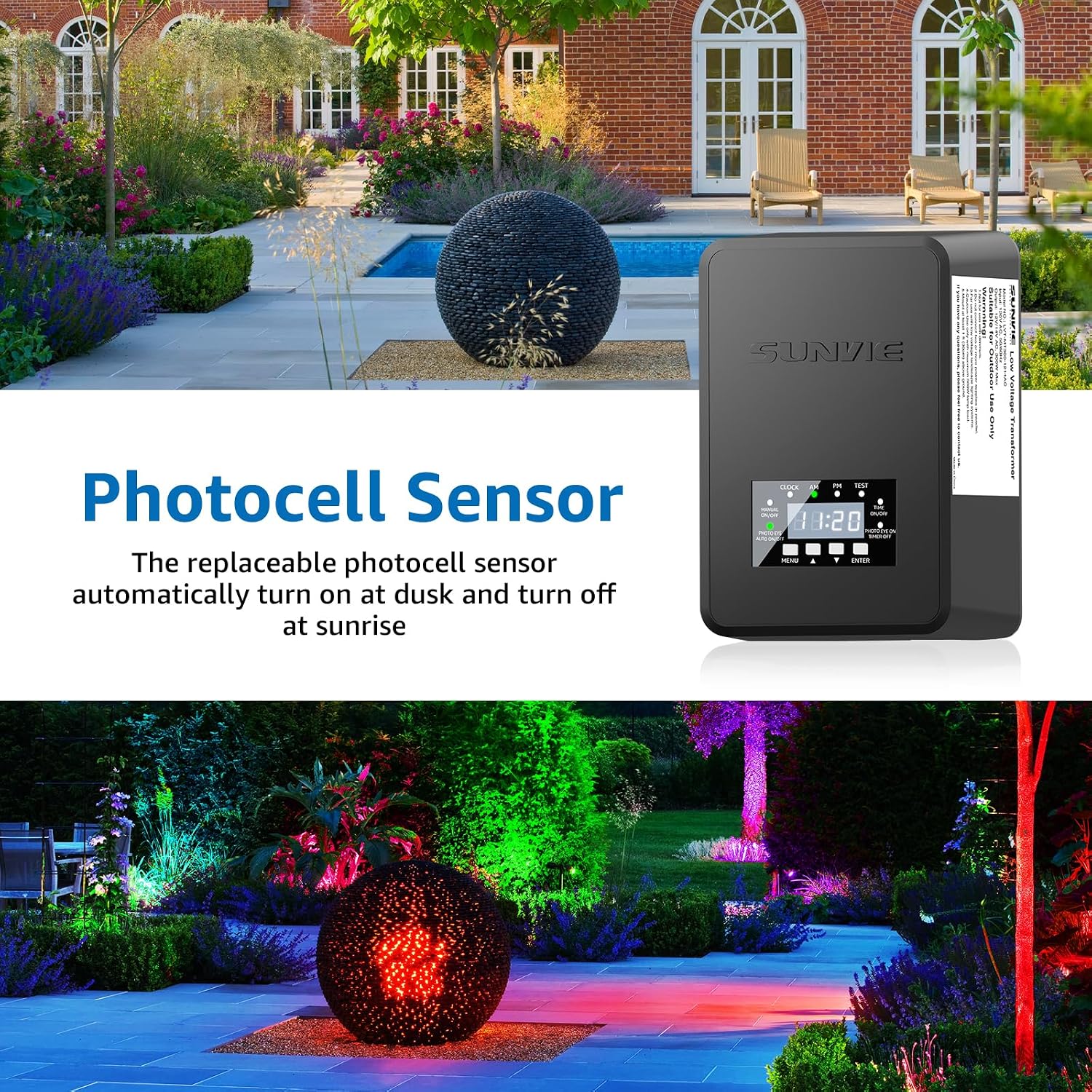 SUNVIE 12 Pack RGBW Color Changing Landscape Lights with 300W Low Voltage Landscape Transformer 12-24V LED Landscape Lighting Kit Waterproof Multicolor Spotlights for Christmas House Yard Tree Garden
