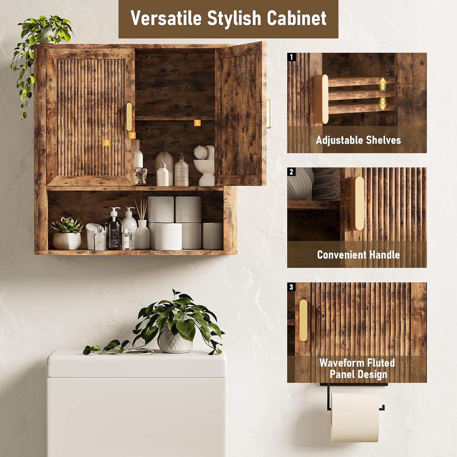 INNOD Bathroom Wall Cabinet, Wall-Mounted Medicine Cabinet with Adjustable Wood Shelf & Doors, Floating Bathroom Cabinet Over Toilet for Laundry Room & Kitchen & Living Room (Retro)