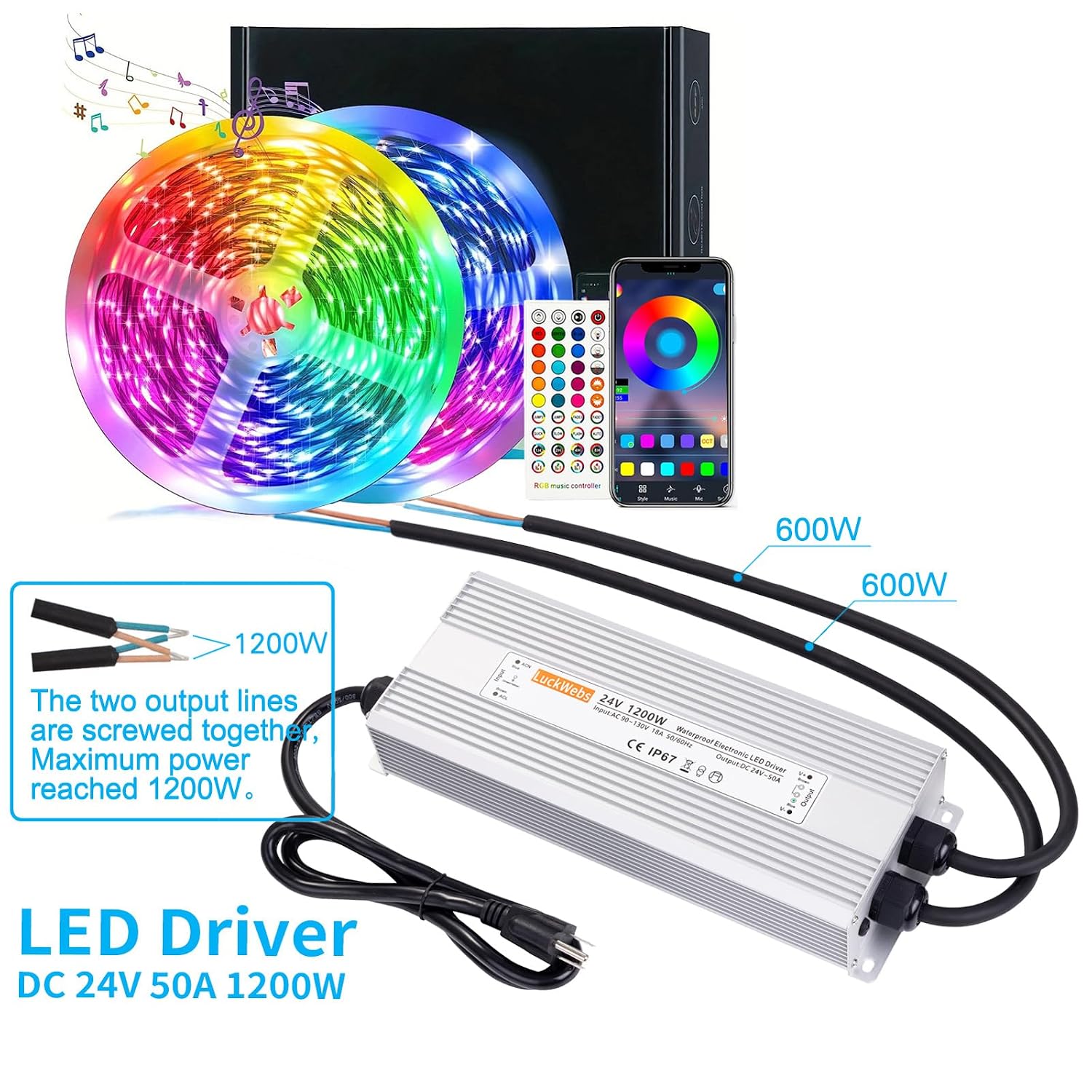 LED Driver 24V 1200W Waterproof Power Supply AC 90-130V to DC 24V50A Low-Voltage Transformer IP67 Rated Converter Suitable for High-Power LED Lighting and Any 24V DC Equipment