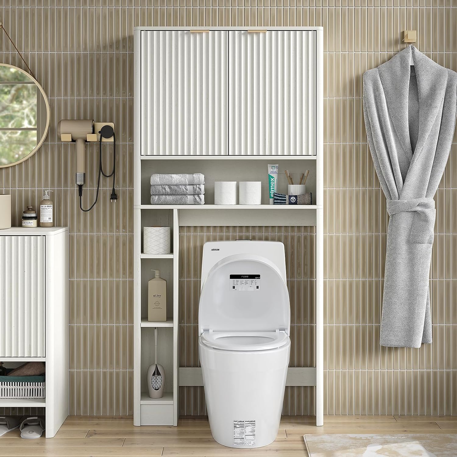 Furnideco Fluted Over The Toilet Storage Cabinet 31''W Modern Above Toilet Storage Cabinet with Fluted Doors & Adjustable Shelf for Bathroom, Antique White