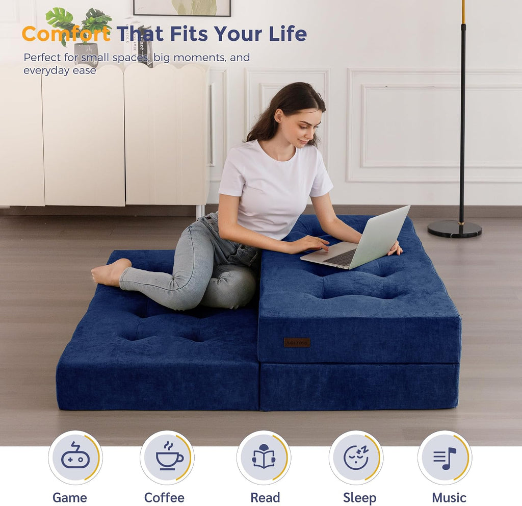 MAXYOYO 6' Folding Sofa Bed for Floor, Tufted Tri-Fold Floor Mattress with Chenille Fabric, Twin Size Portable Sofa Couch Guest Mat for Adults, Foldable Topper for Camping, Navy, 35.4'x75'