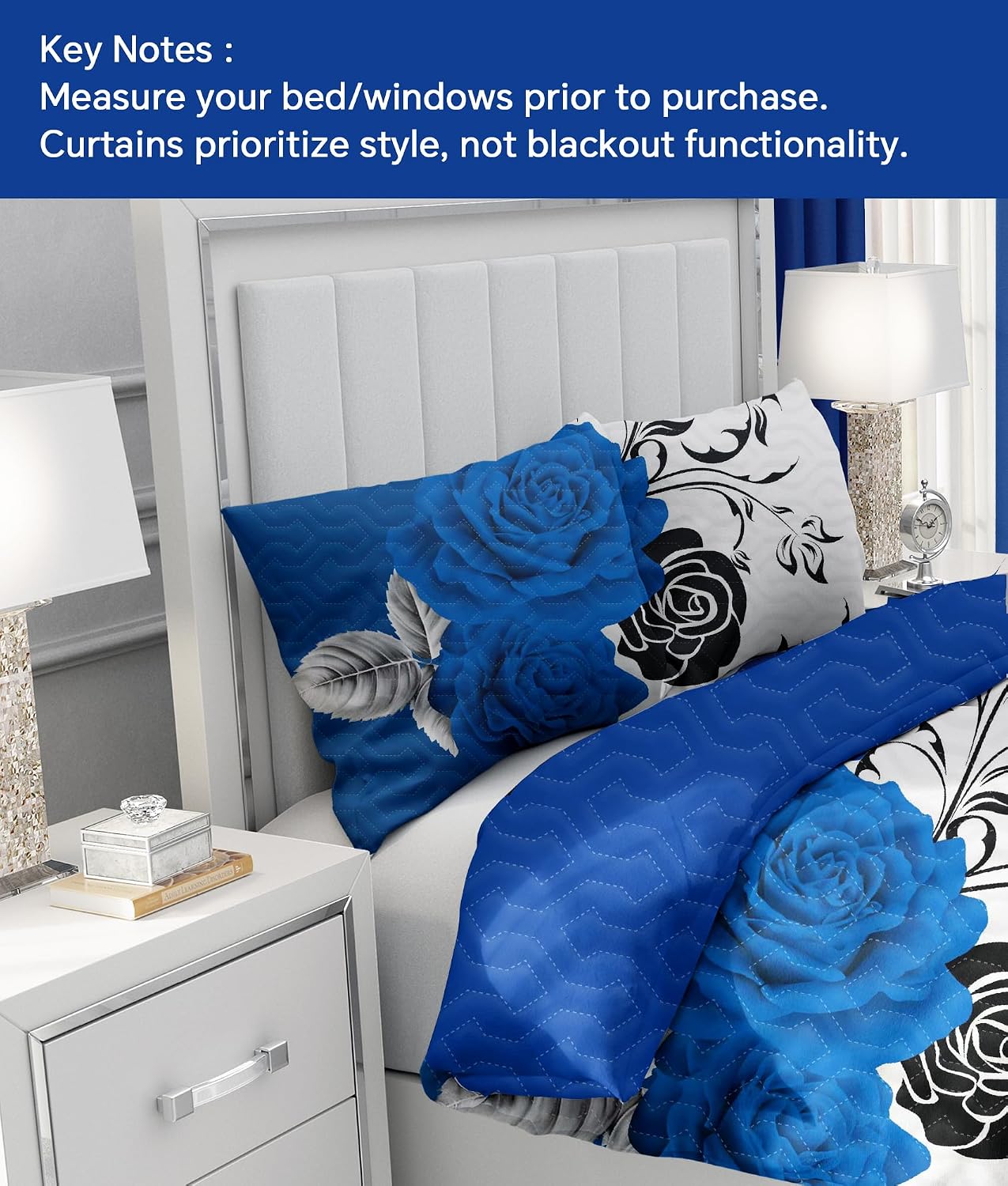 9-Piece Queen Microfiber Bedspreads with Matching Curtains | Blue Rose Matching Curtains and Bedding Sets | Luxe Floral Design