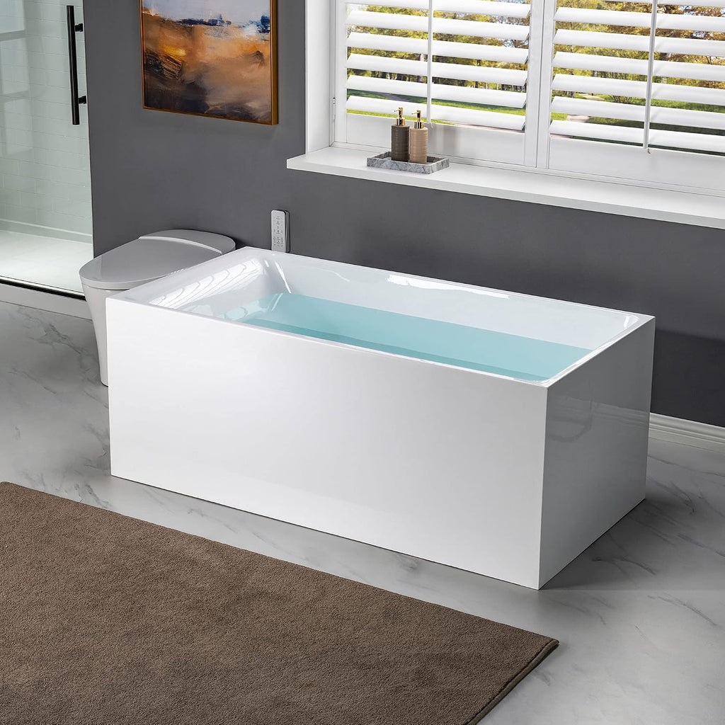 WOODBRIDGE 59' Acrylic Freestanding Bathtub Contemporary Soaking White Tub with Oil Rubbed Bronze Overflow and Drain，BTA0081-ORB-Drain&O