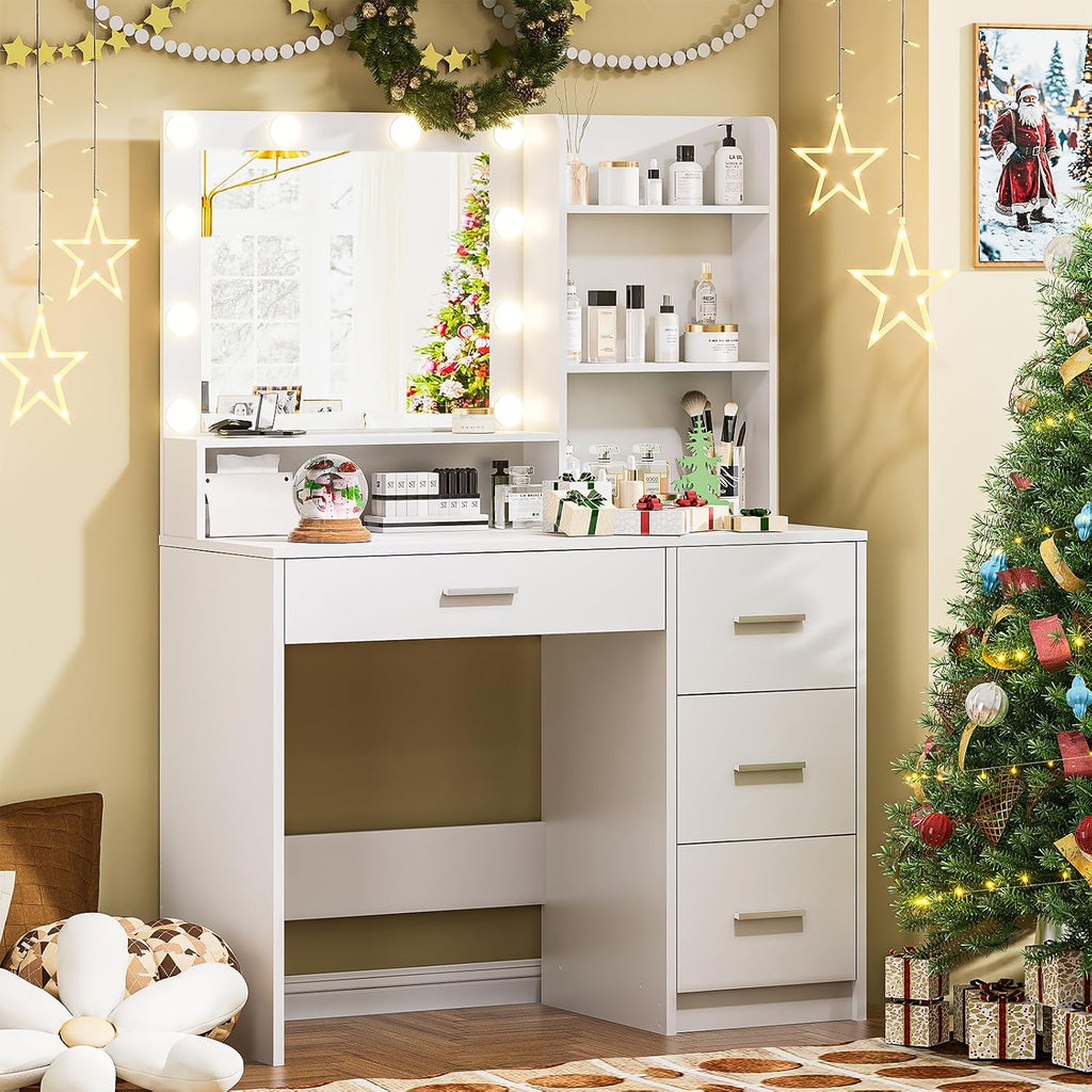 Vanity Desk with Lighted Mirror, White Vanity with 4 Drawers,Makeup Vanity with Storage Shelves and Power Outlet,10 Lights with 3 Color Modes Brightness Adjustable for Girls' Bedroom (White)