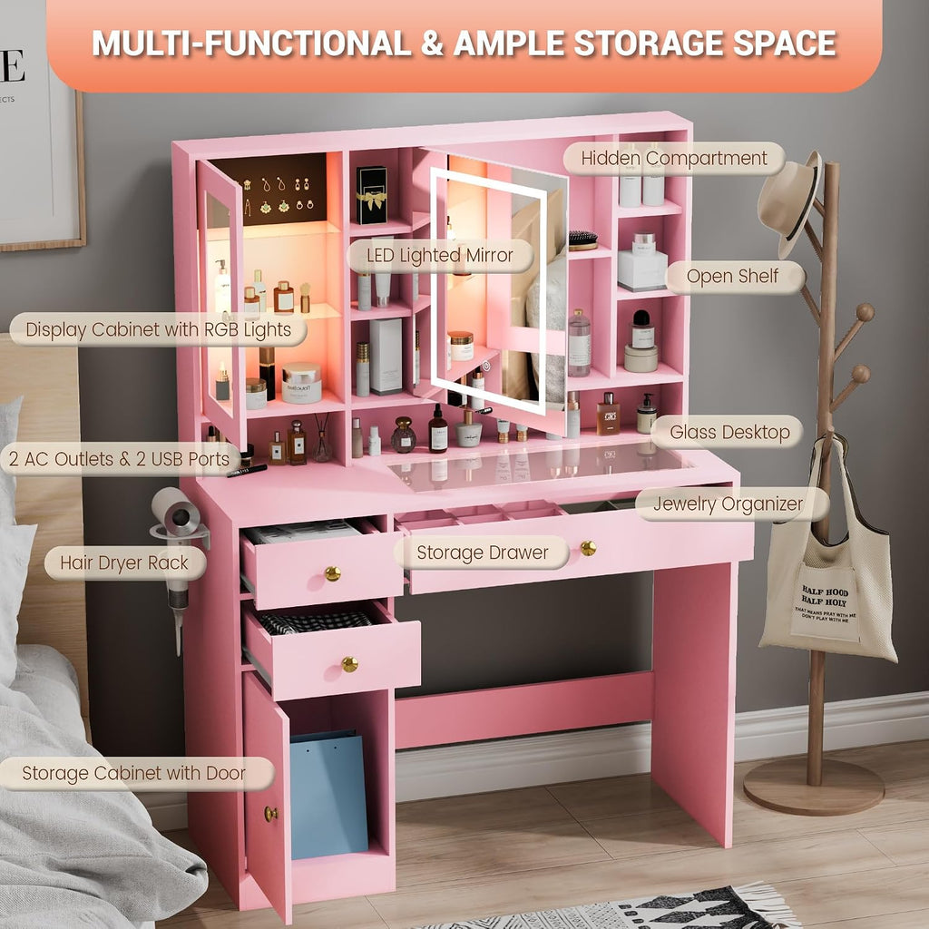 Vanity Desk with LED Lighted Mirror and Jewelry Organizer & Glass Top and Charging Station, Makeup Vanity with 3 Drawers and 2 Storage Cabinets & Hidden Compartment, Dressing Table for Bedroom, Pink