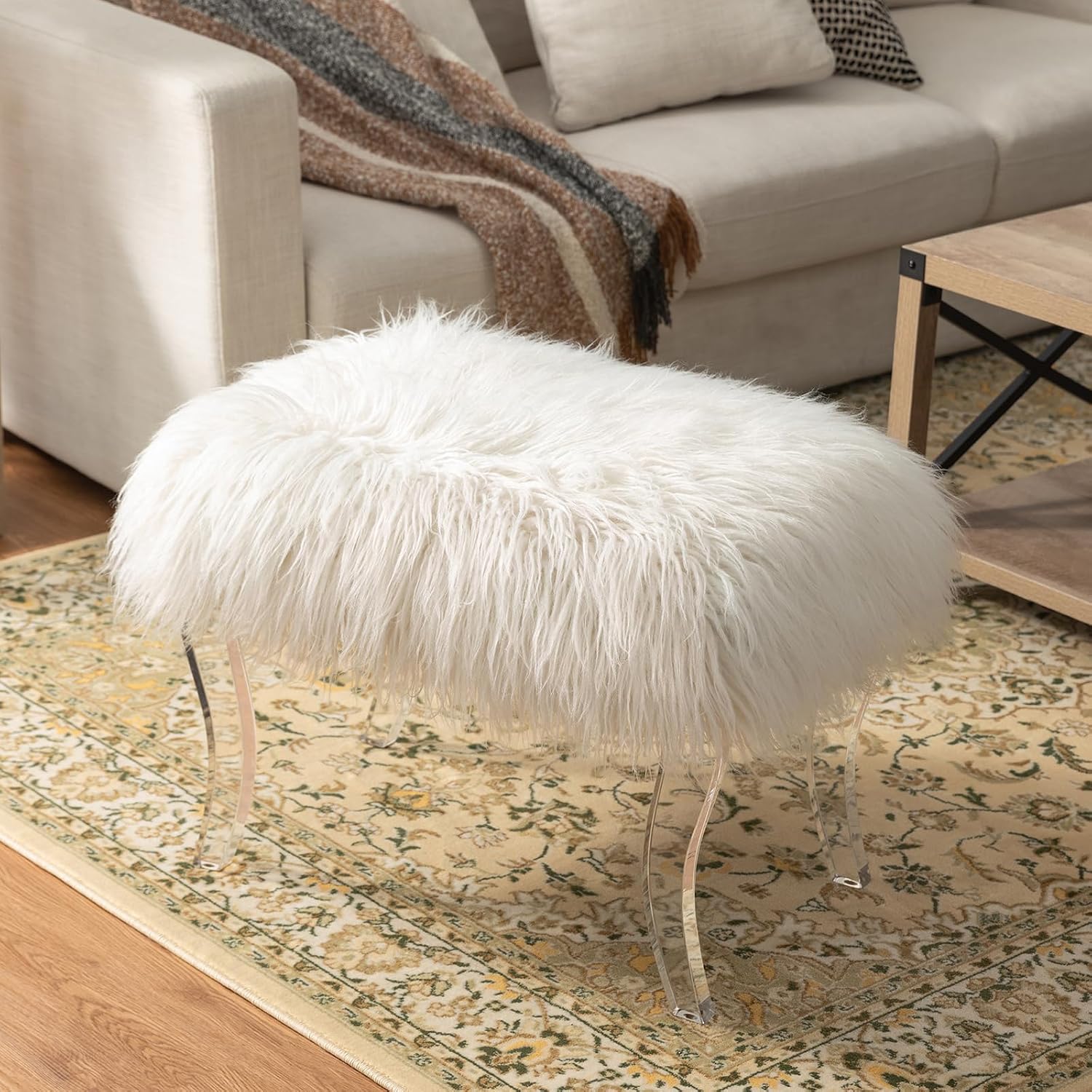 Glitzhome White Faux Fur Ottoman Bench, Modern Ottoman Footrest Stool Vanity Stool with Acrylic Legs Accent Bench for Entryway Living Room Bedroom, 24' L