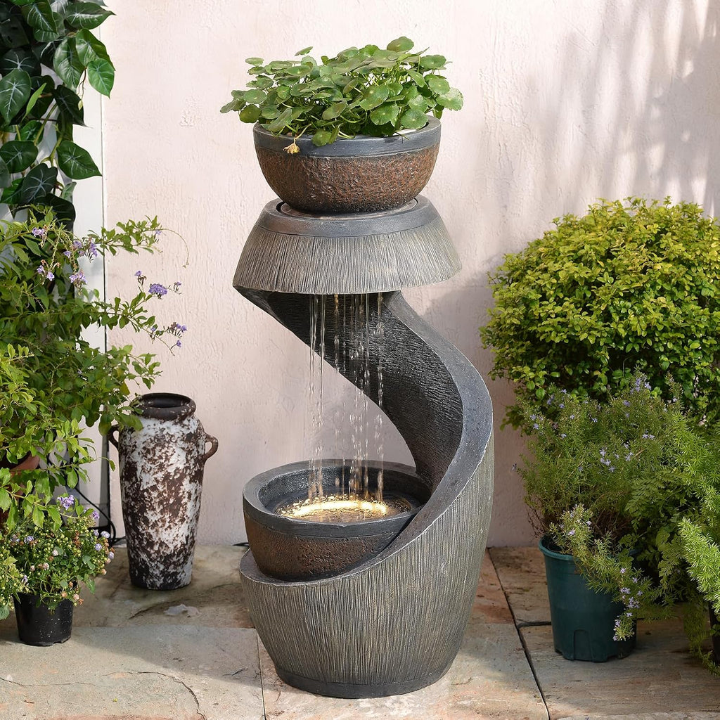 Sunlinua 31.9' S-Shaped Water Outdoor Fountain–Modern Cascading Waterfall Feature with LED Lights & Planter Bowl, Garden Fountains Outdoor for Patio, Balcony, Yard or Home Decor, Resin Waterfall