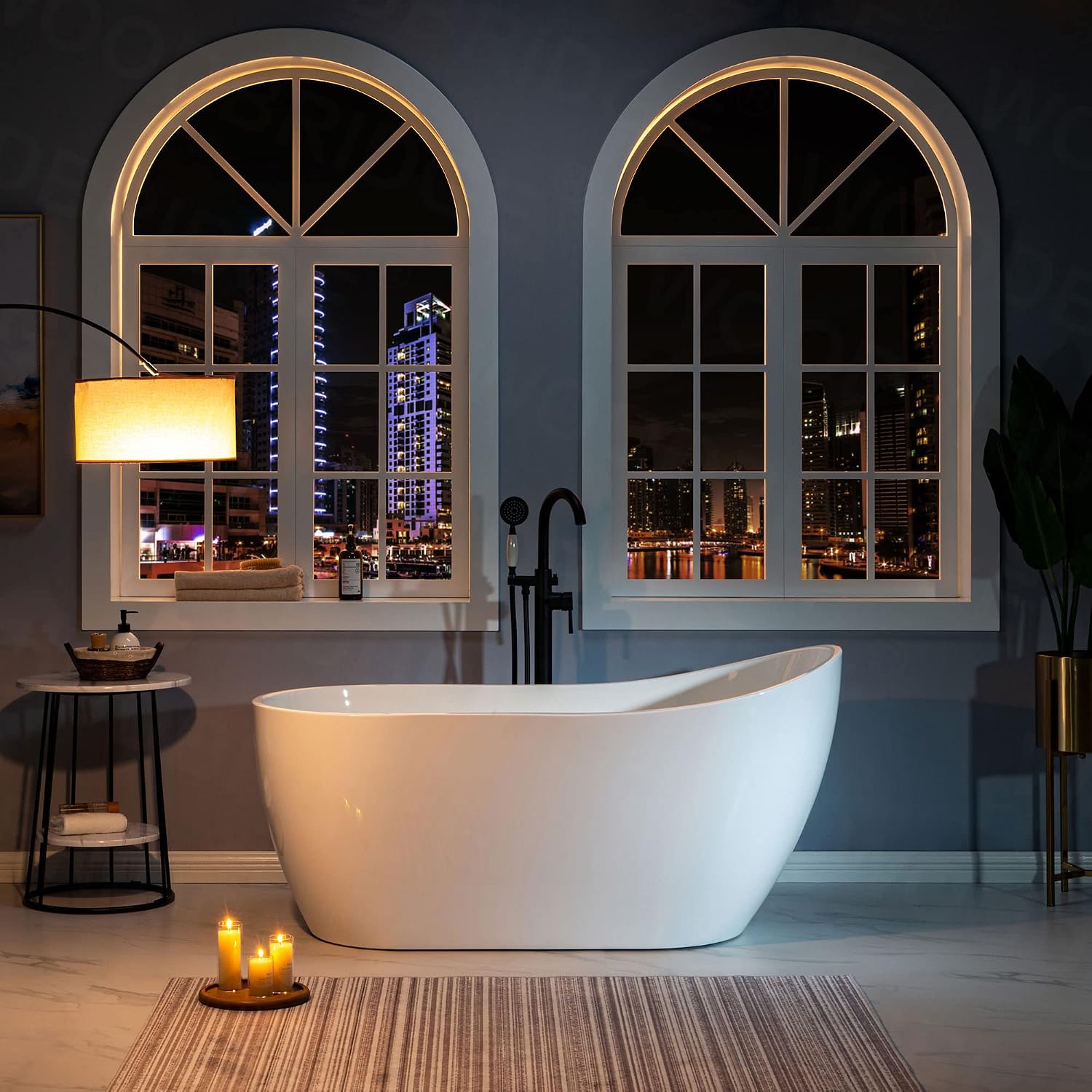 WOODBRIDGE 59' Acrylic Freestanding Bathtub Contemporary Soaking White Tub with Oil Rubbed Bronze Overflow and Drain,White,B1530 ORB