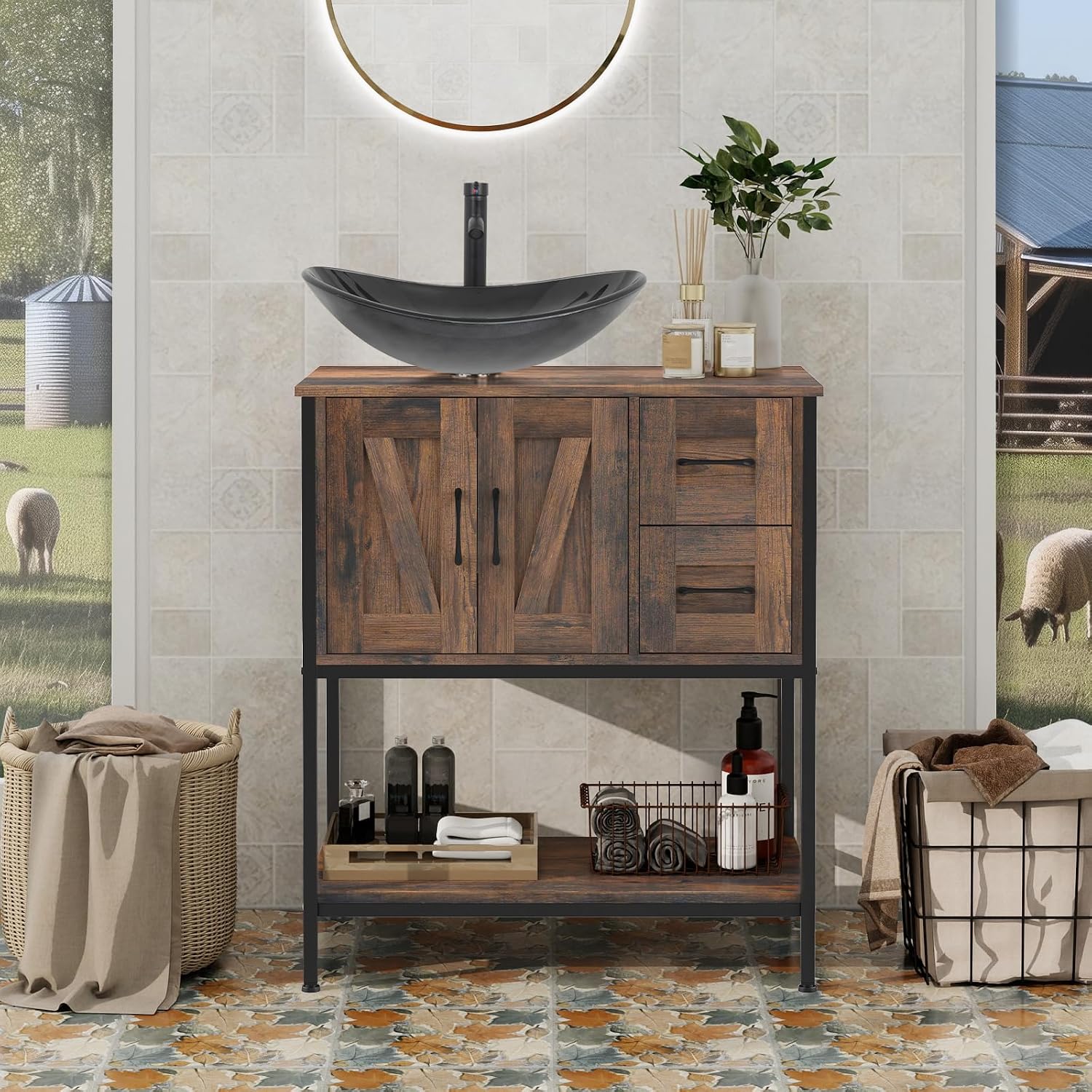 YOURLITE Bathroom Vanity, 30' Farmhouse Bathroom Vanity with Sink Combo Set, Rustic Brown Modern Wood Cabinet with Black-White Gradient Boat Sink