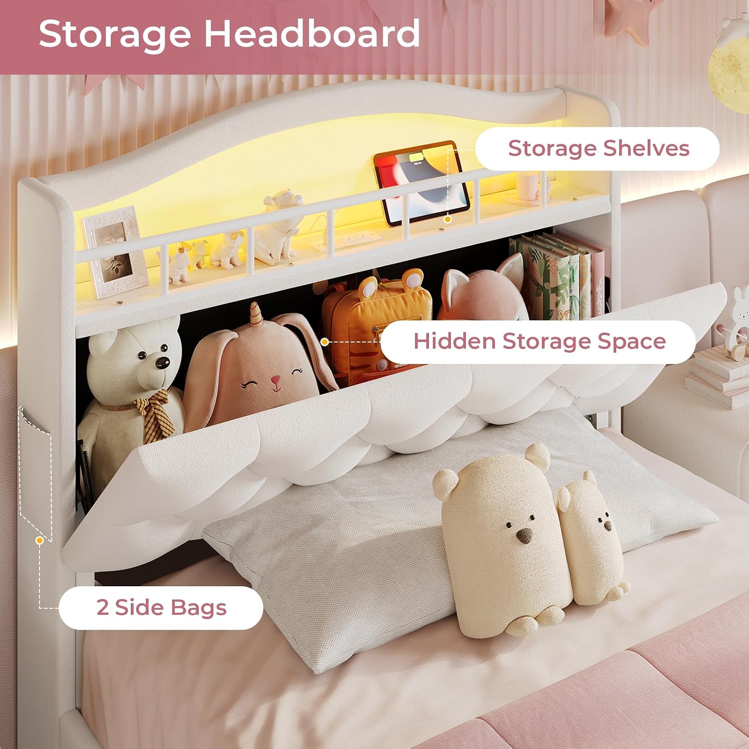 BTHFST Twin Bed Frame with Storage Headboard & 4 Drawers, Girl Upholstered Storage Bed with LED Lights & Charging Station, No Box Spring Needed, Easy Assembly, Beige