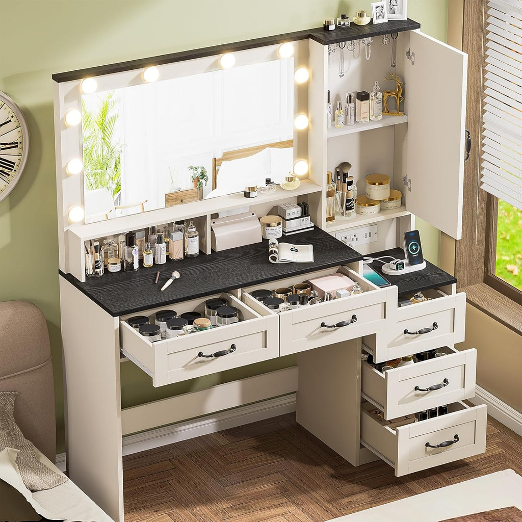 Farmhouse Vanity Desk with Mirror and 10 Led Lights, 45.3 ' Large Makeup Vanity Table with Power Outlet, 5 Drawers and 1 cabinet, Vanity Set Dressing Table with 9 Hooks for Women Girls (White+Black)