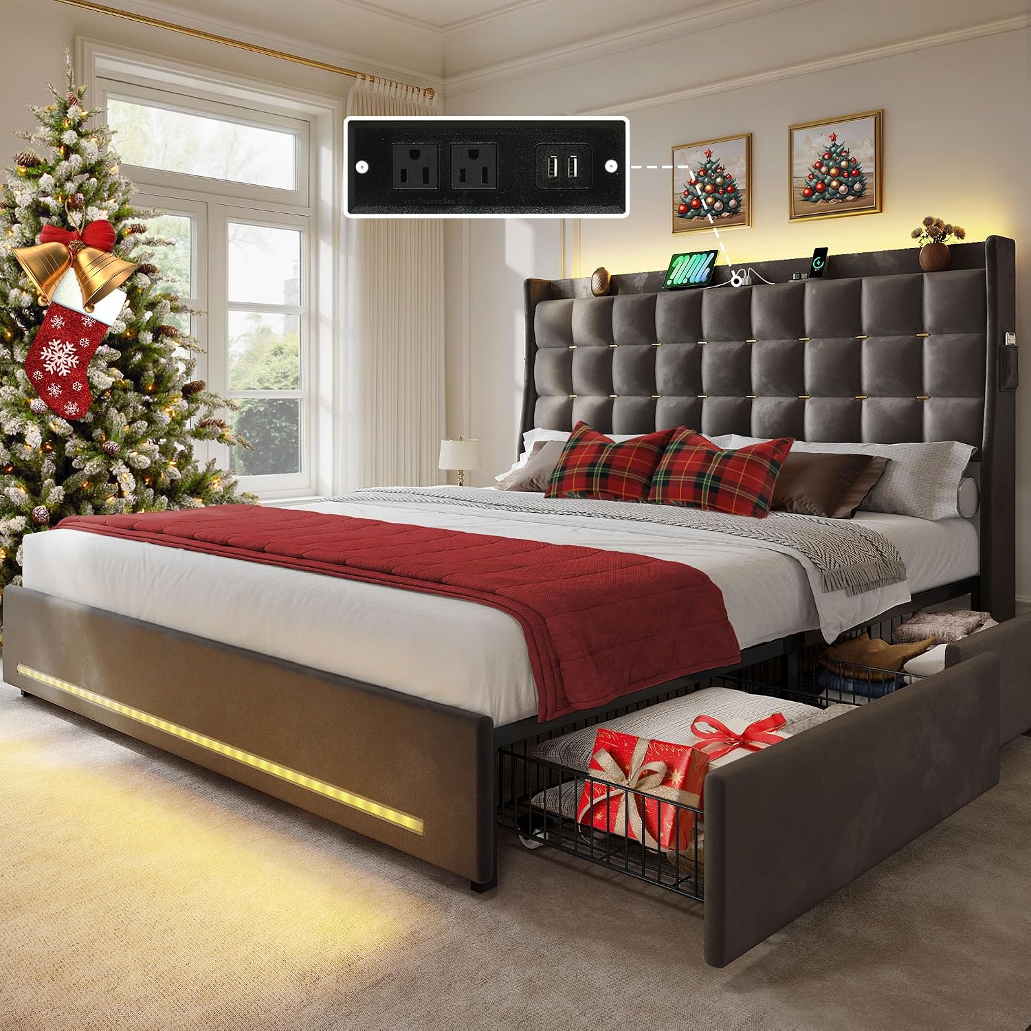 YITAHOME Queen Size Bed Frame with 4 Drawers and RGB LED Lights, Velvet Upholstered Platform Bed with Charging Station and Storage Headboard, No Box Spring Needed, Easy Assembly, Noise-Free, Grey