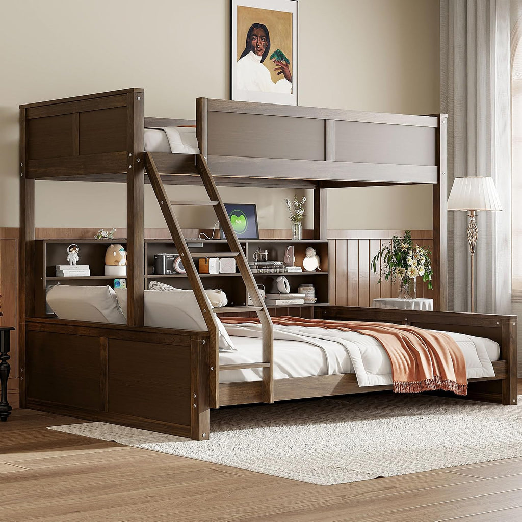 RUNNA Twin XL Over Queen Bunk Bed with Storage Cabinets and USB Ports, Solid Pine Wood Frame, Safety Guard Rails, No Box Spring Needed (Wood1, Twin XL Over Queen)