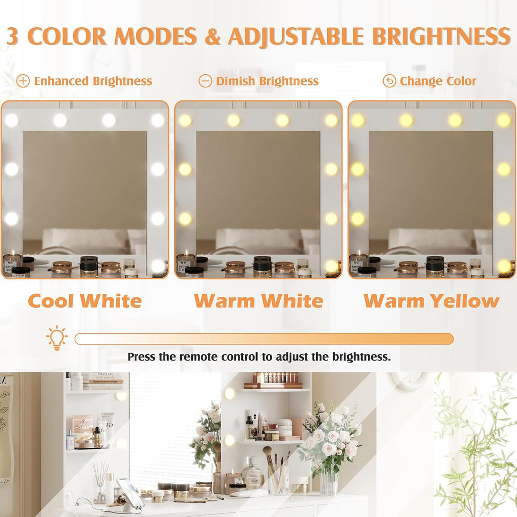 YESHOMY Vanity Desk with Mirror, Power Outlet and 10 Lights, Makeup Table with 7 Drawers, 3 Color Modes Available for Bedroom, Pure White