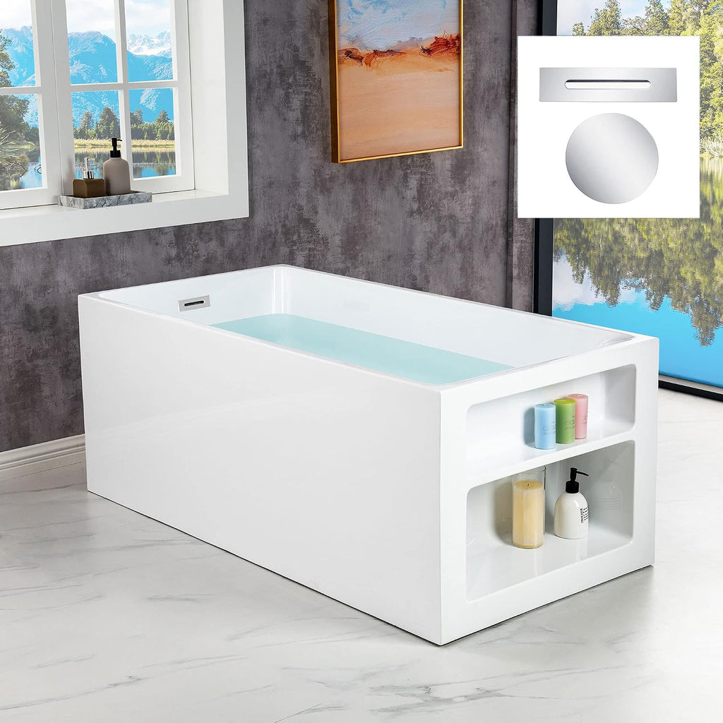 WOODBRIDGE 59' Acrylic Freestanding Bathtub Contemporary Soaking White Tub with Chrome Overflow and Drain，BTA0081-C-Drain&O