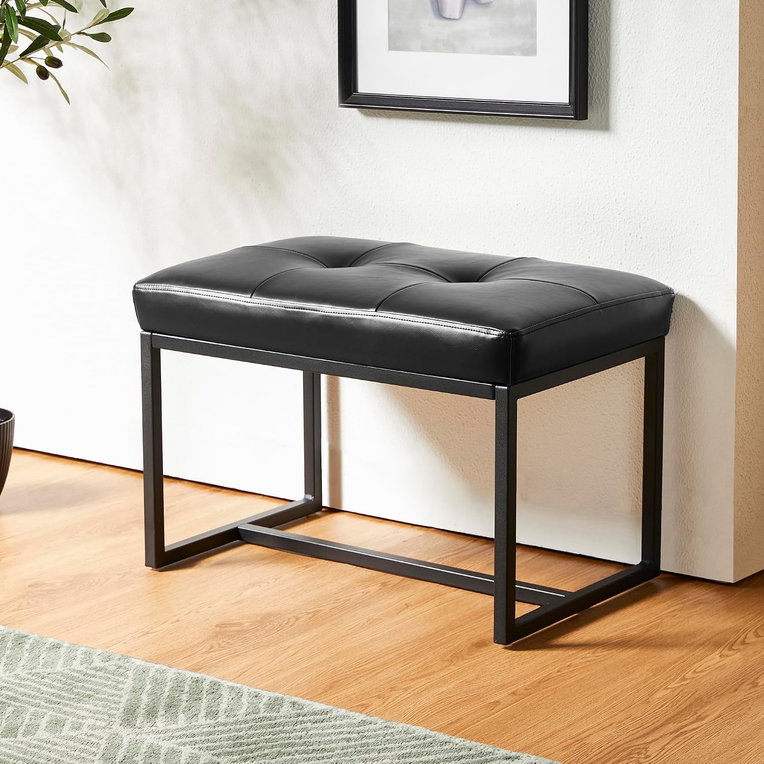 Glitzhome Ottoman Bench Pack of 2, Modern PU Leather Vanity Stools Chairs with Metal Frame, Makeup Stool Padded Foot Rest Stool for Living Room Vanity, Entryway, Bathroom, Black