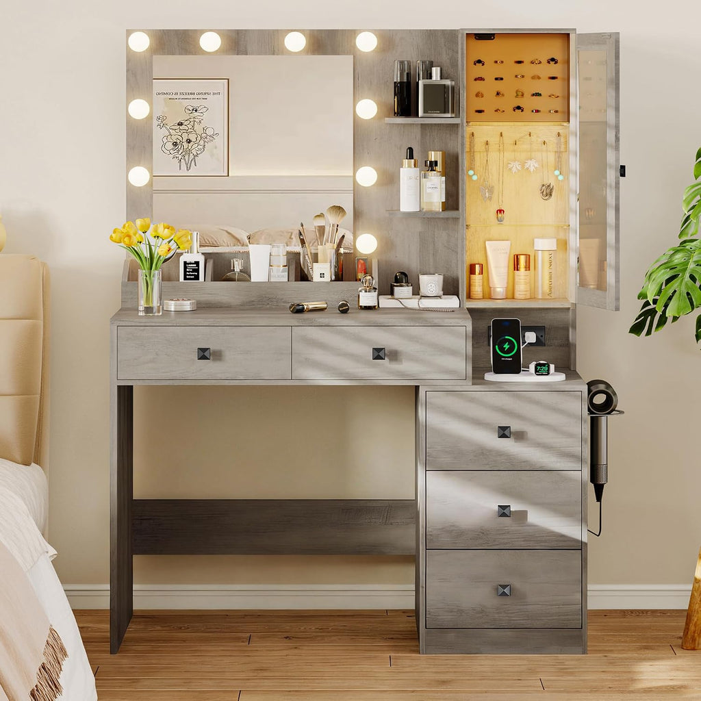 Xixini Vanity Desk with Mirror and Lights, Makeup Vanity Table Set with 5 Storage Drawers, Power Outlet, Small Dressing Table with RGB Ambient Light, Adjustable Brightness for Girls Bedroom, Grey