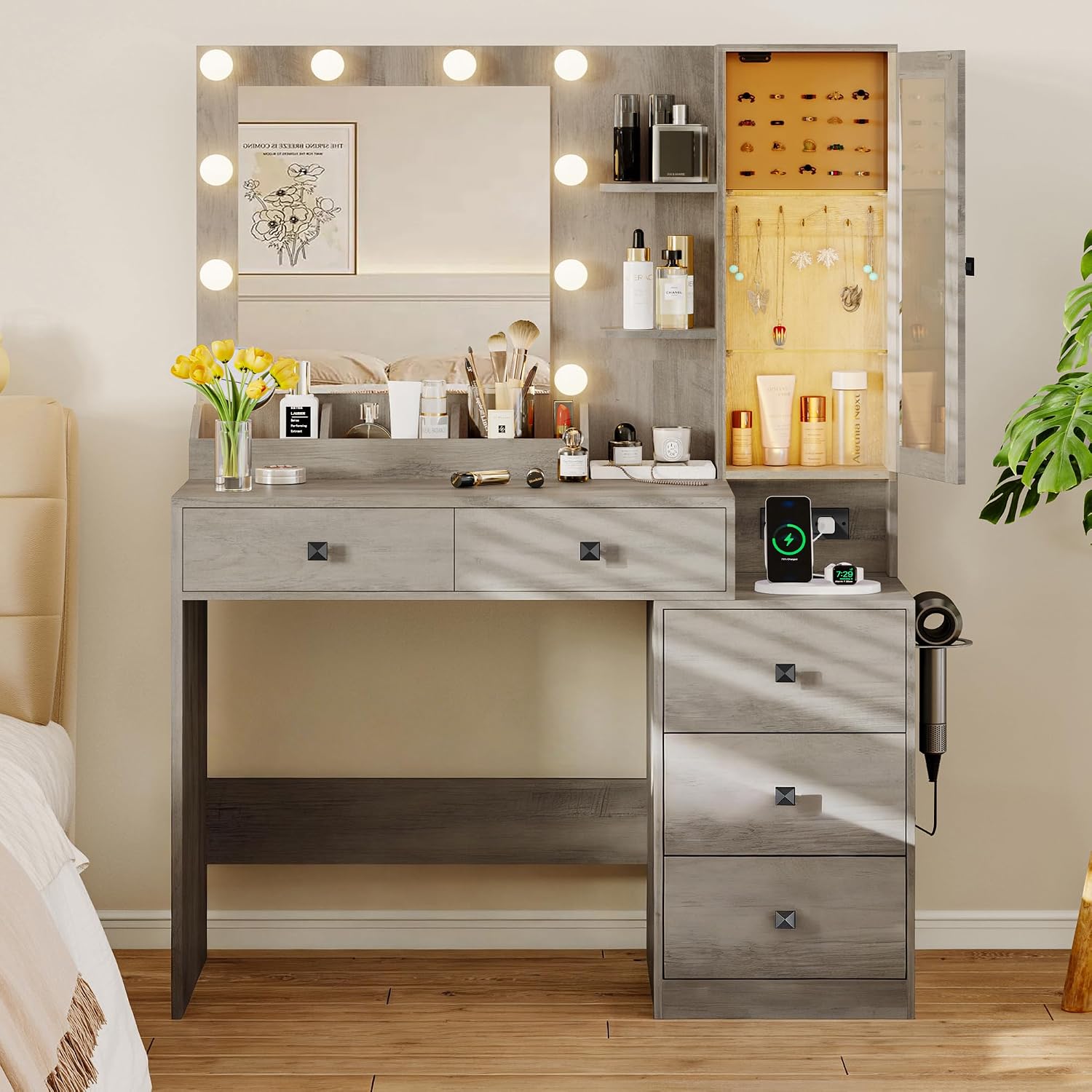 Xixini Vanity Desk with Mirror and Lights, Makeup Vanity Table Set with 5 Storage Drawers, Power Outlet, Small Dressing Table with RGB Ambient Light, Adjustable Brightness for Girls Bedroom, Grey