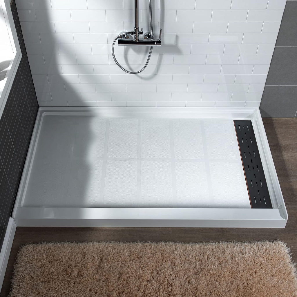 WOODBRIDGE Solid Surface Shower Base with Recessed Trench Side Including Oil Rubbed Bronze Linear Drain Cover L x W x H, 60'L x 30'Wx 4'H,Right Drain,White Color