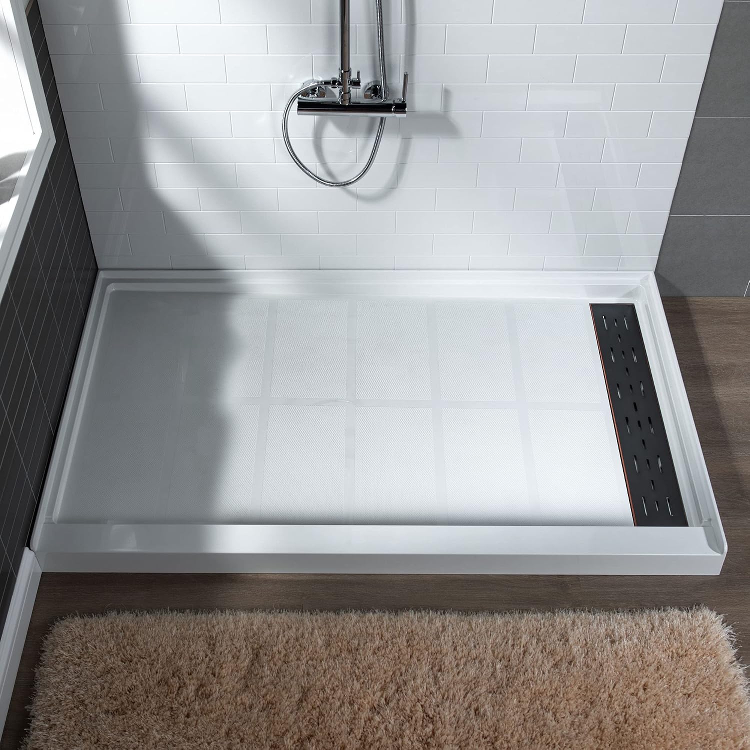 WOODBRIDGE Solid Surface Shower Base with Recessed Trench Side Including Oil Rubbed Bronze Linear Drain Cover L x W x H, 60'L x 30'Wx 4'H,Right Drain,White Color