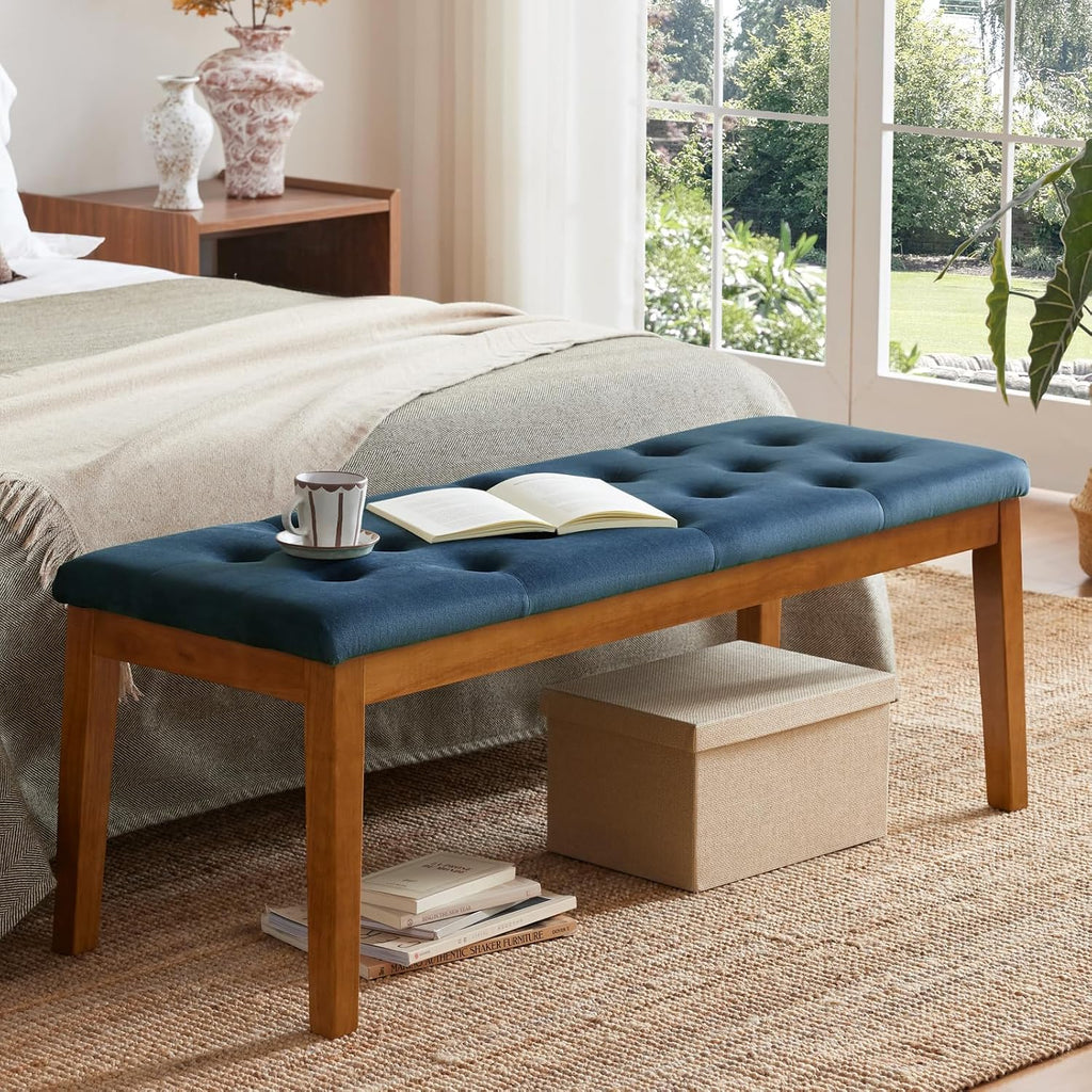 Ottoman Bench Upholstered Padded Seat with Solid Wood Legs and Button-Tufted, Big Oversized Ottoman, Velvet Navy