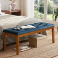 Ottoman Bench Upholstered Padded Seat with Solid Wood Legs and Button-Tufted, Big Oversized Ottoman, Velvet Navy