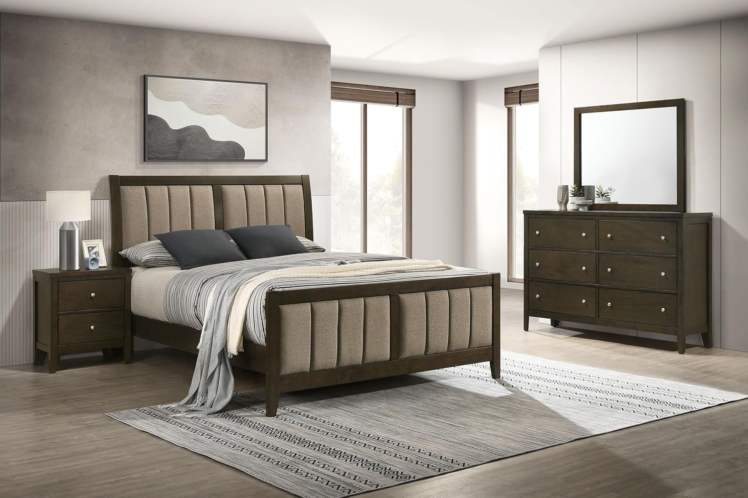 Coaster Home Furnishings Wilkes Transitional 4-Piece Bedroom Set Fabric Upholstered Queen Size Panel Bed Frame 51-inch Headboard Dark Cocoa 224421Q-S4
