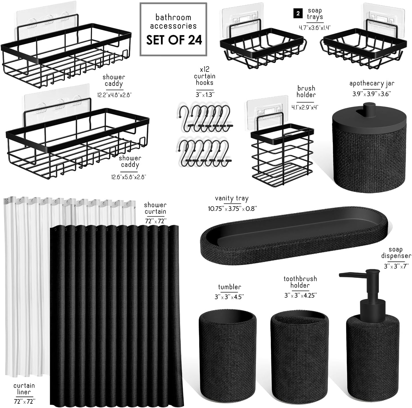 Hearth & Harbor Bathroom Set - Black Bathroom Accessories Set, 24PC Bathroom Accessory Set, Bathroom Sets with Shower Curtain Set, Adhesive Corner Shower Caddy Hanging & Soap Dispenser