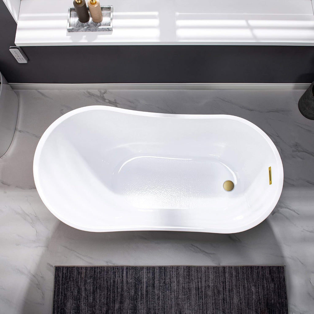 WOODBRIDGE 54' Acrylic Freestanding Bathtub Contemporary Soaking White Tub with Brushed Gold Overflow and Drain，BTA1507 -BG-Drain &O
