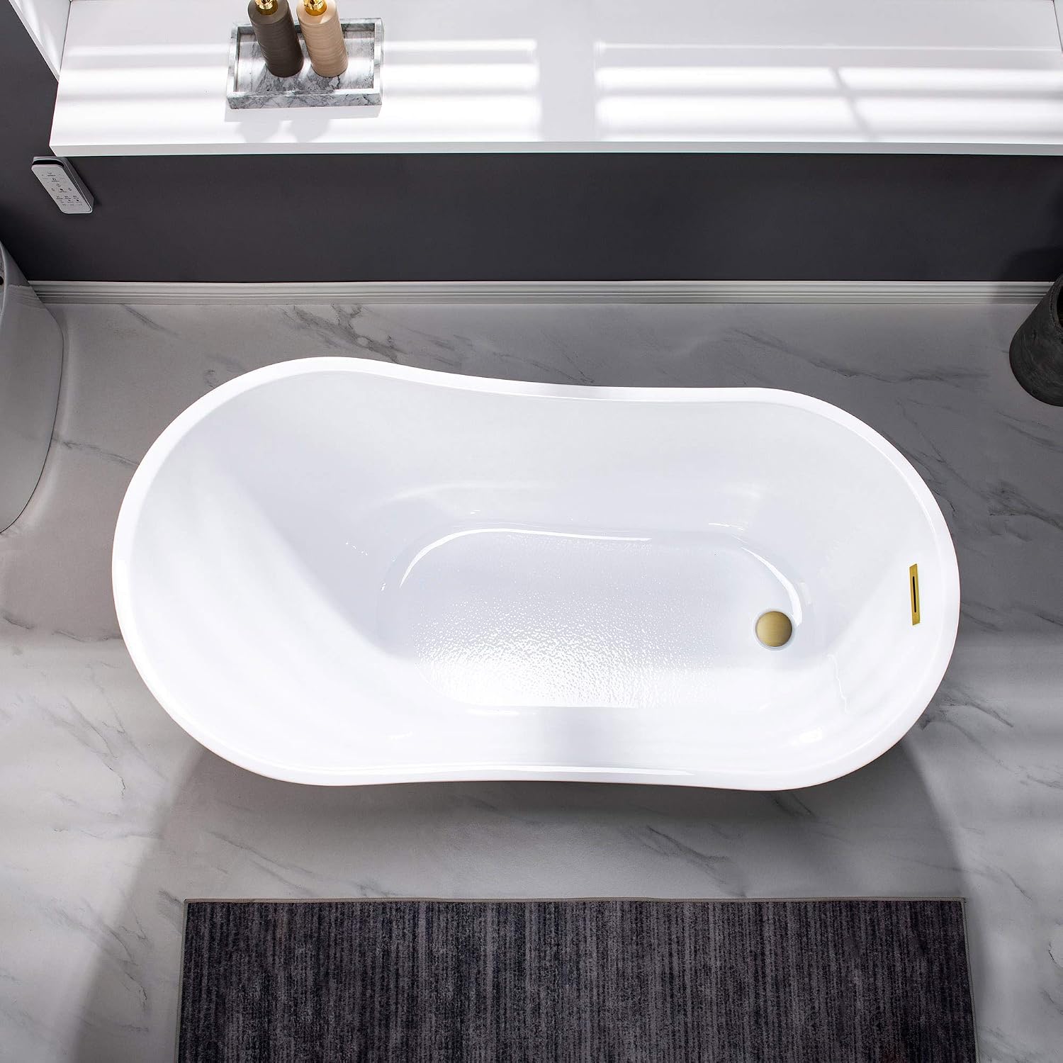 WOODBRIDGE 54' Acrylic Freestanding Bathtub Contemporary Soaking White Tub with Brushed Gold Overflow and Drain，BTA1507 -BG-Drain &O