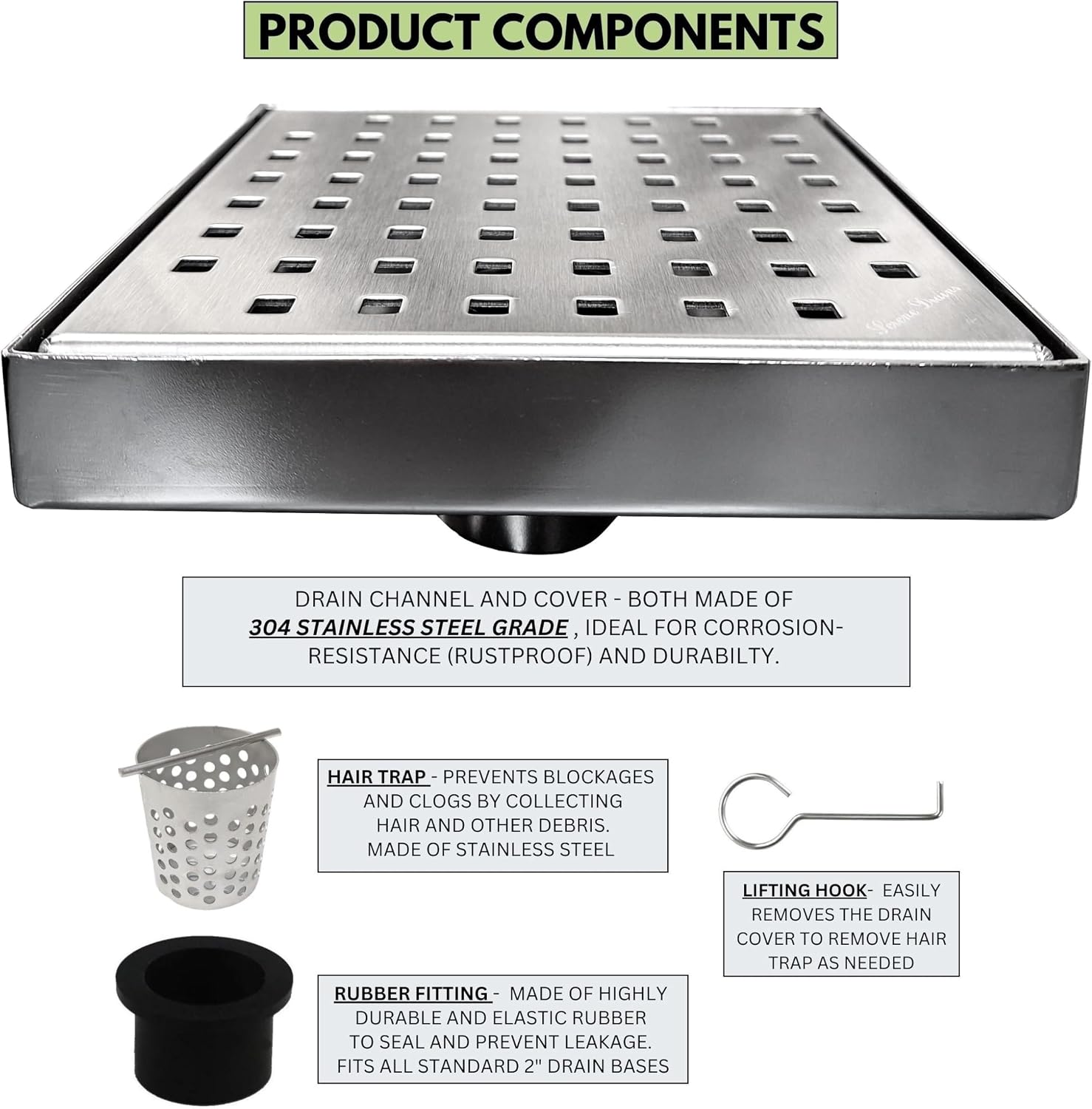 Serene Square Shower Drains - Traditional Square Design 6 Inch- stainless steel Luxurious line by Serene Steam include Rubber fitting (Brushed Nickel)