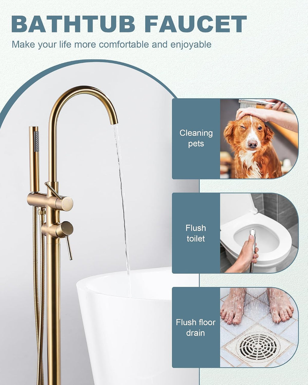 Freestanding Bathtub Faucet Brushed Gold, Floor Mount Tub Filler, High Flow Brass Shower Faucets with Handheld Sprayer for Bath