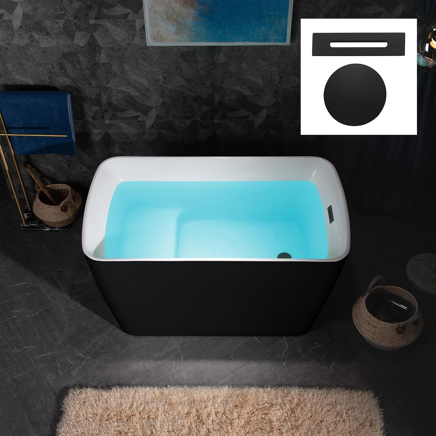 WOODBRIDGE 48' Acrylic Freestanding Square Shape Janpanese Soaking Tub with Pre-molded Seat and Matte Black Pop-UP Drain and Overflow Option, Black, B1870-MB