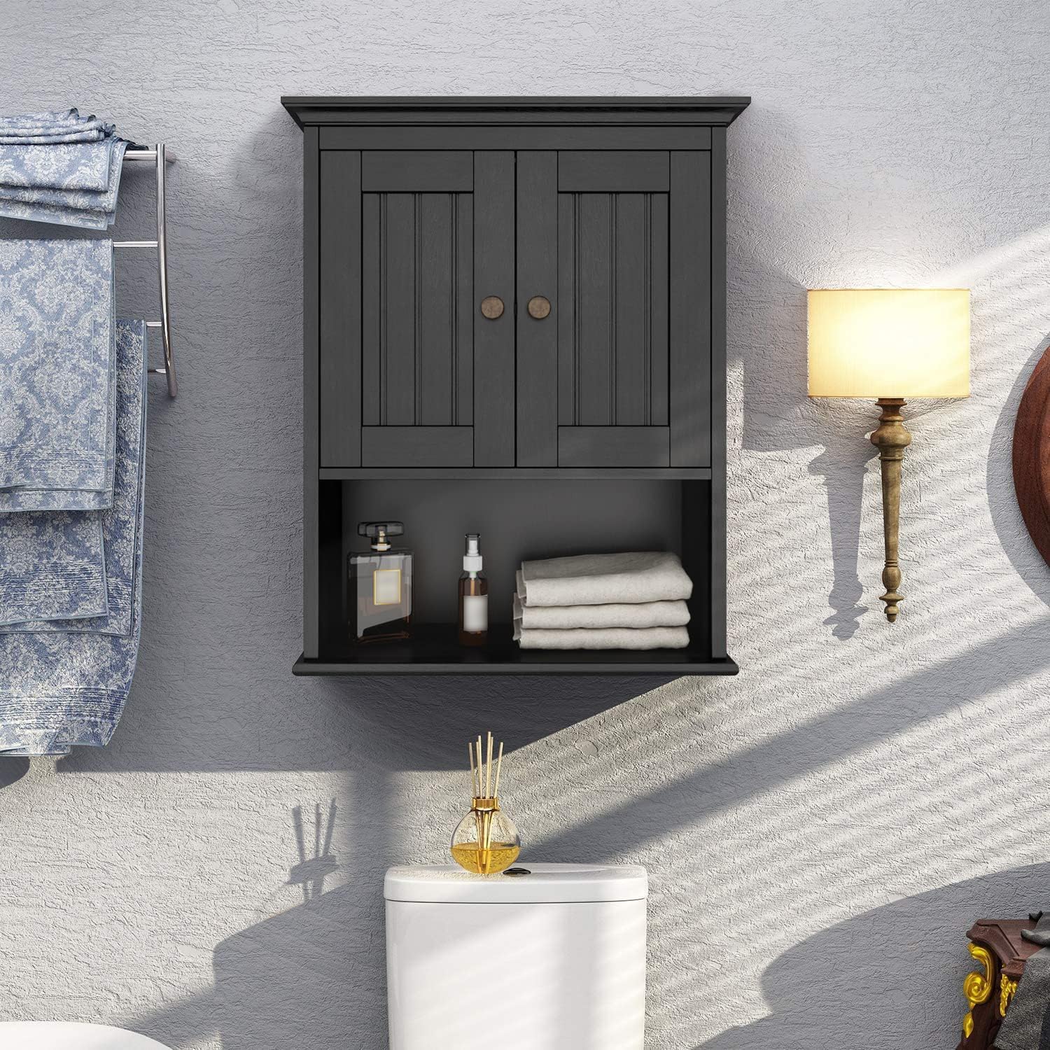 Treocho Wood Wall Cabinet Bathroom Medicine Cabinet Storage with Doors and Adjustable Shelf Wall Mount for Bathroom, Livingroom, Kitchen, Cupboard, Black