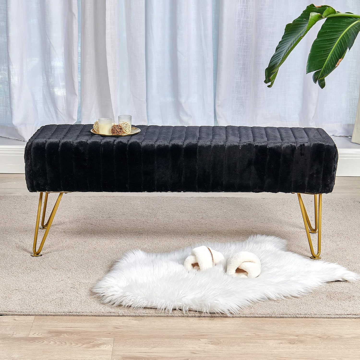 Black Soft Rectangle Faux Fur Long Ottoman Entryway Bench Furry Footrest Stool 46'x16'x17' Sturdy Accent Bench for Bedroom at The End of Bed Fuzzy Coffee Table Living Room Closet Golden Leg