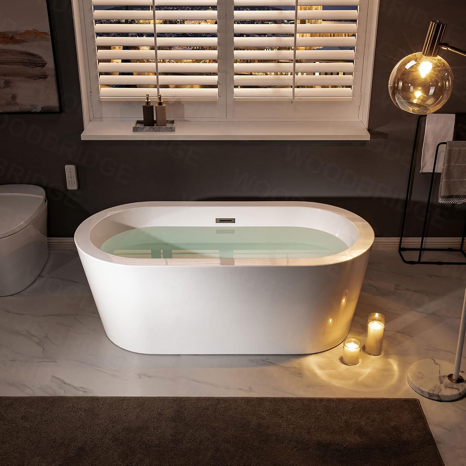 WOODBRIDGE 59' Acrylic Freestanding Bathtub Contemporary Soaking White Tub with Oil Rubbed Bronze Overflow and Drain, B0012-ORB-Drain &O