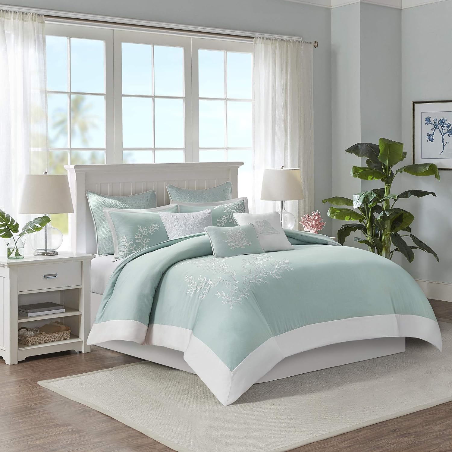 Harbor House 100% Cotton Duvet Cover, Jacquard Coastal Coral Duvet Cover Set – Light Weight Bed Comforter Covers, Coastline Blue Full/Queen (90'x90') 3 Piece