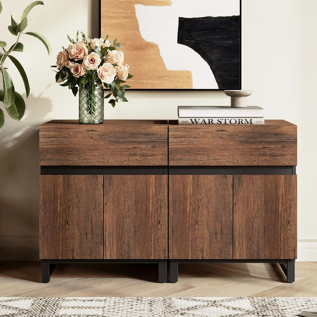 WAMPAT 3-Piece Modern Bedroom Furniture Set, 94.5-Inch Dresser with 9 Drawers and 2 Nightstands Featuring Drawer and Cabinet Design, Bedroom Set of 3, Brown