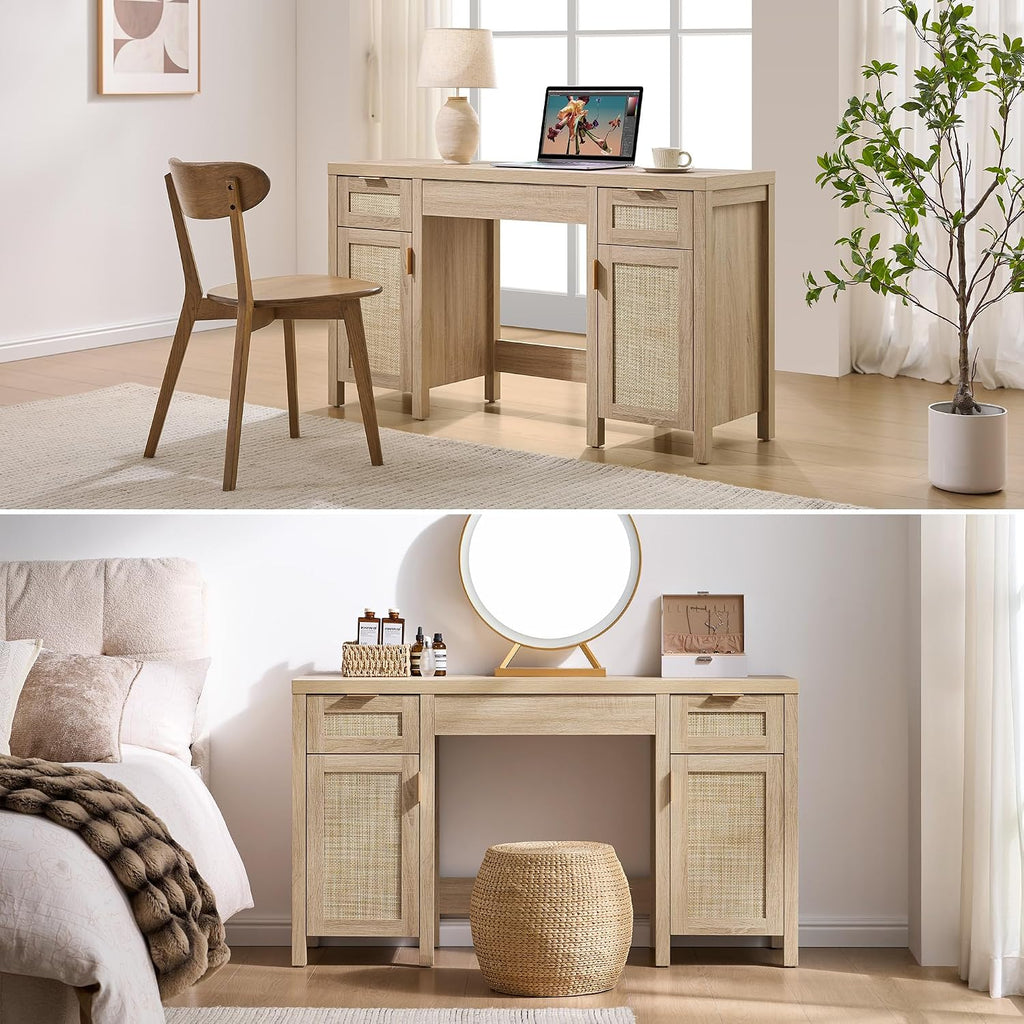 SICOTAS 52' Rattan Vanity Desk with Storage, Boho Farmhouse Makeup Dressing Table with 3 Drawers & 2 Cabinets, Wooden Home Office Desk for Bedroom, Light Oak