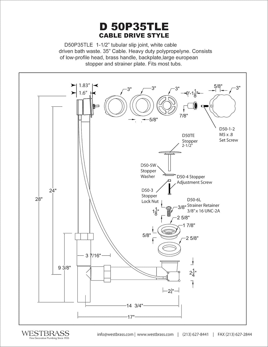 Westbrass Tubular 35 in. Cable Drive Bath Waste, Oil Rubbed Bronze, D50P35TLE-12