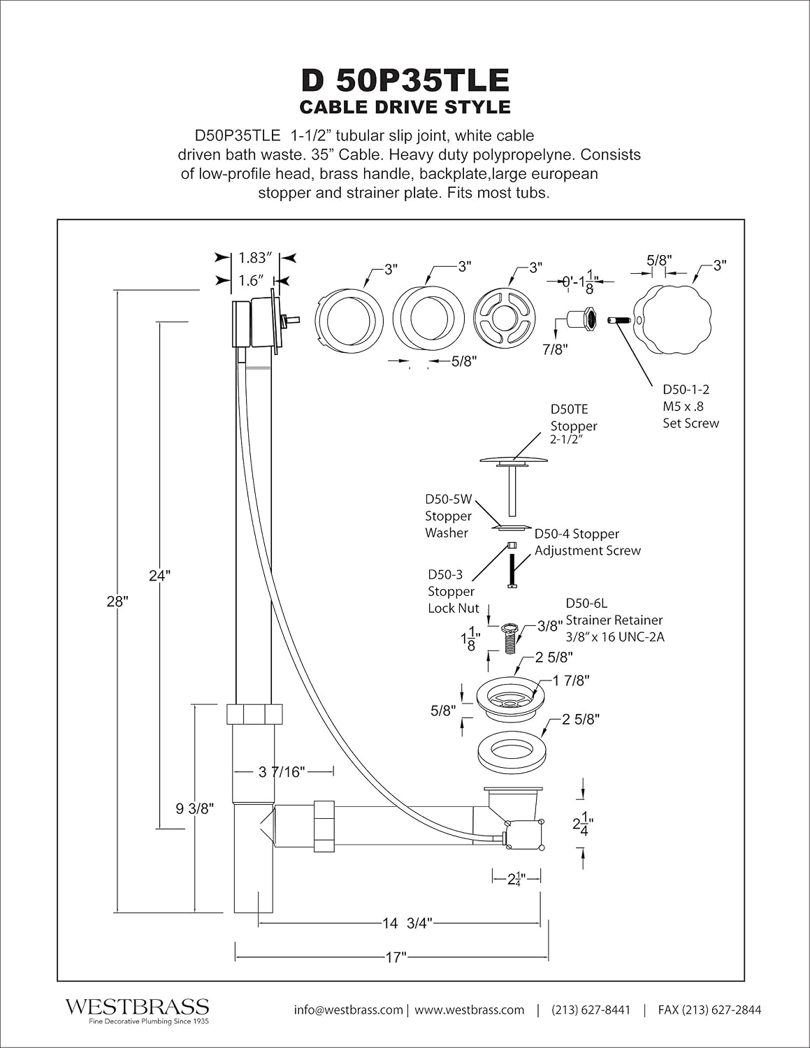 Westbrass Tubular 35 in. Cable Drive Bath Waste, Oil Rubbed Bronze, D50P35TLE-12