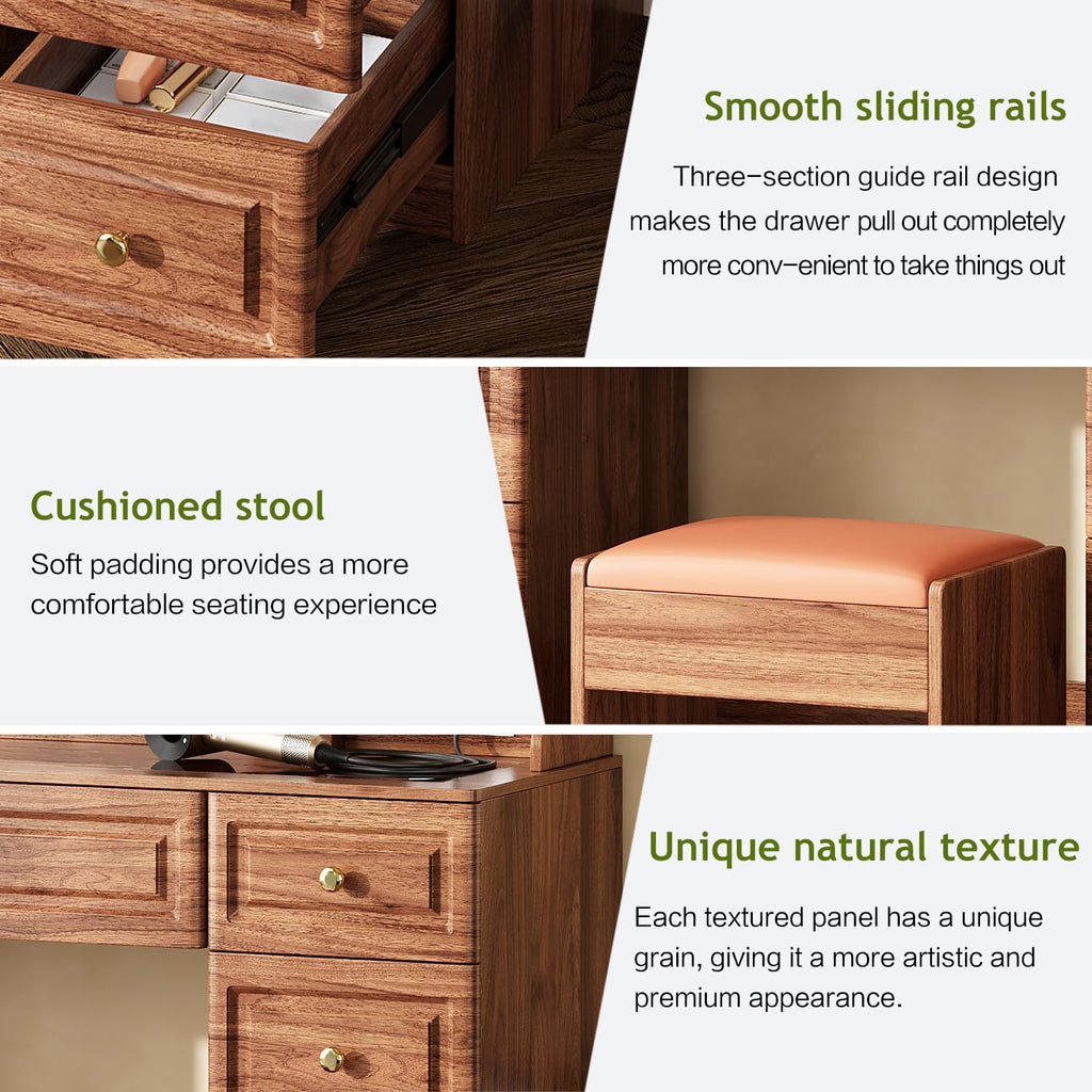 Arulvmrn 43' Makeup Vanity Desk with Mirror and Lights, & Power Outl, Glass Top Big Vanity Table with 9 Drawers& 8 Storage Shelves, Dressing Table Set with Chair for Bedroom, Brown