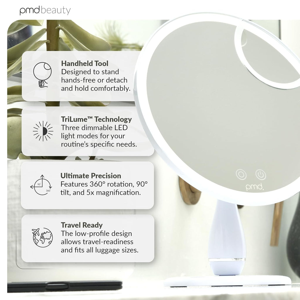 PMD Reflect Pro - Premium Beauty LED Mirror with TriLume Technology & Handheld Capabilities - Three Light Modes - 360° Rotation, 90° Tilt, & 5x Magnification - Travel Ready