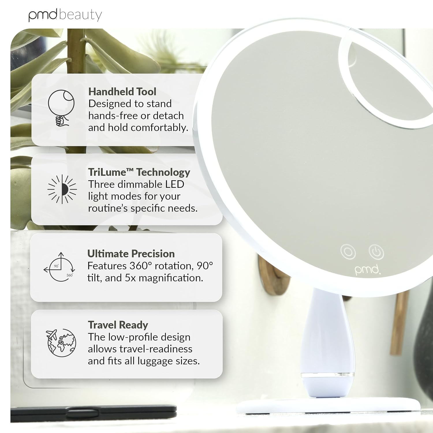 PMD Reflect Pro - Premium Beauty LED Mirror with TriLume Technology & Handheld Capabilities - Three Light Modes - 360° Rotation, 90° Tilt, & 5x Magnification - Travel Ready