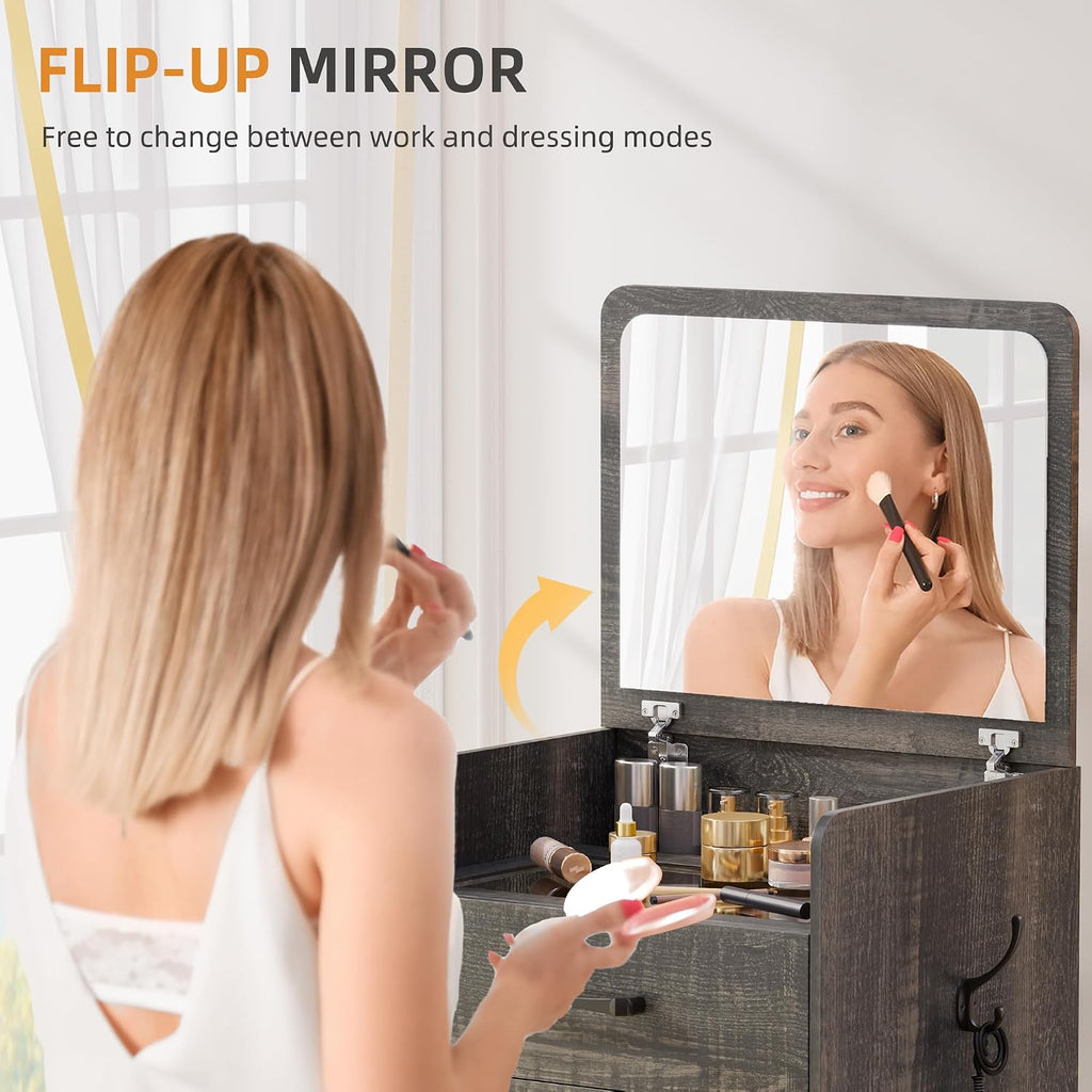 Gurexl 3 in 1 Vanity Desk with Flip Top Mirror,Small Make Up Vanity Set with Visible Glass Desktop,Compact Makeup Vanity with 3 Drawers,Cushioned Stool,Dressing Table for Bedroom,Dark Oak