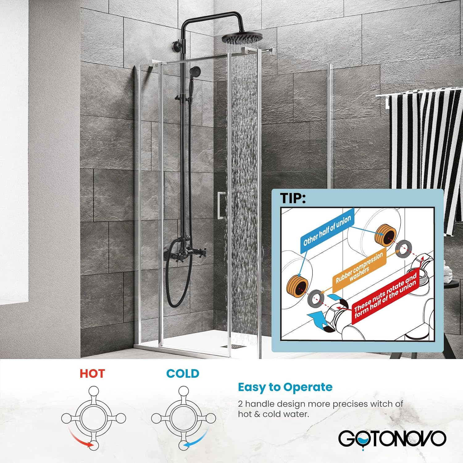 gotonovo Oil Rubbed Bronze Rain Shower System 2 Knobs 8 Inch Rainfall Shower Head with 3 Hole Widespread Bathroom Faucet 8 inch Chrome Polished 2 Cross Handle Pop Up Drain with Overflow