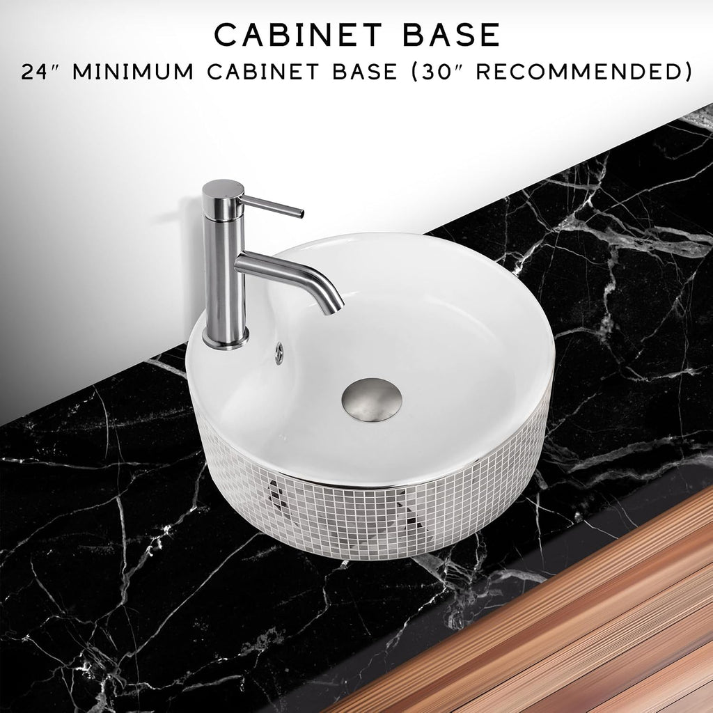 Strictly Sinks 18 Inch Round Silver Vessel Sink - Modern Ceramic Countertop Bathroom Sink with Faucet Mount and Overflow – Easy to Install Above Counter Luxurious Bathroom Vessel Sink
