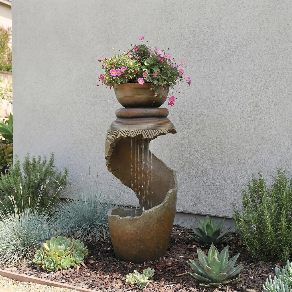 Sunlinua Outdoor Water Fountain with LED Light, Modern Spiral Tiered Outdoor Fountain with Stone Planter Curved Freestanding Waterfall Fountains for Garden Patio Deck Porch