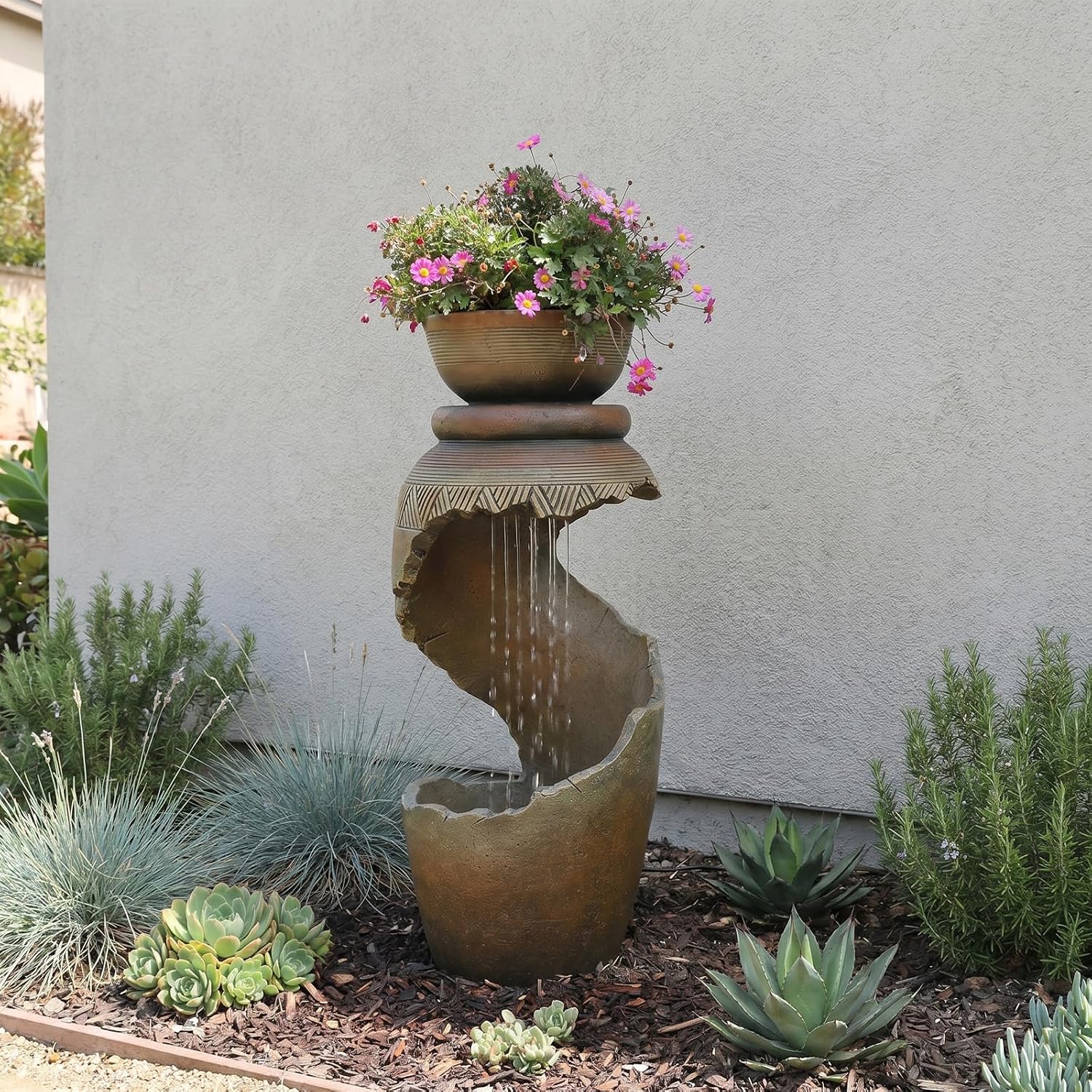 Sunlinua Outdoor Water Fountain with LED Light, Modern Spiral Tiered Outdoor Fountain with Stone Planter Curved Freestanding Waterfall Fountains for Garden Patio Deck Porch