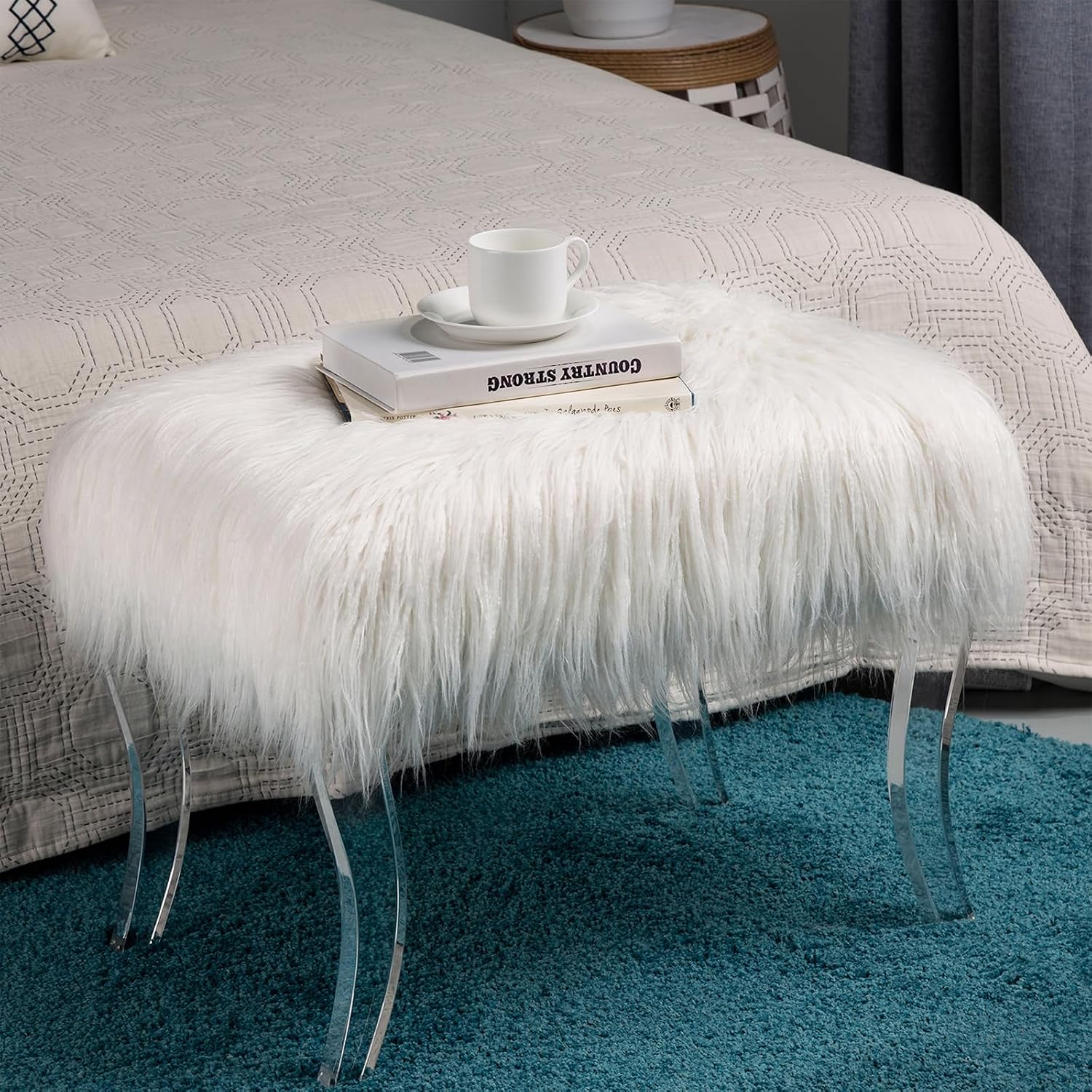 Glitzhome Ottoman Bench, White Faux Fur Ottoman Foot Rest, 24' L Modern Vanity Stool Chair with Acrylic Legs for Living Room Bedroom Entryway Makeup Bench End of Bed